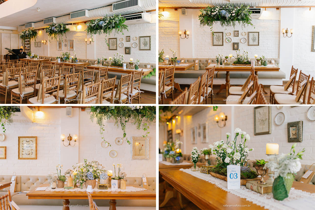 Decoração detalhada de casamento gay com flores e velas em mesa de madeira