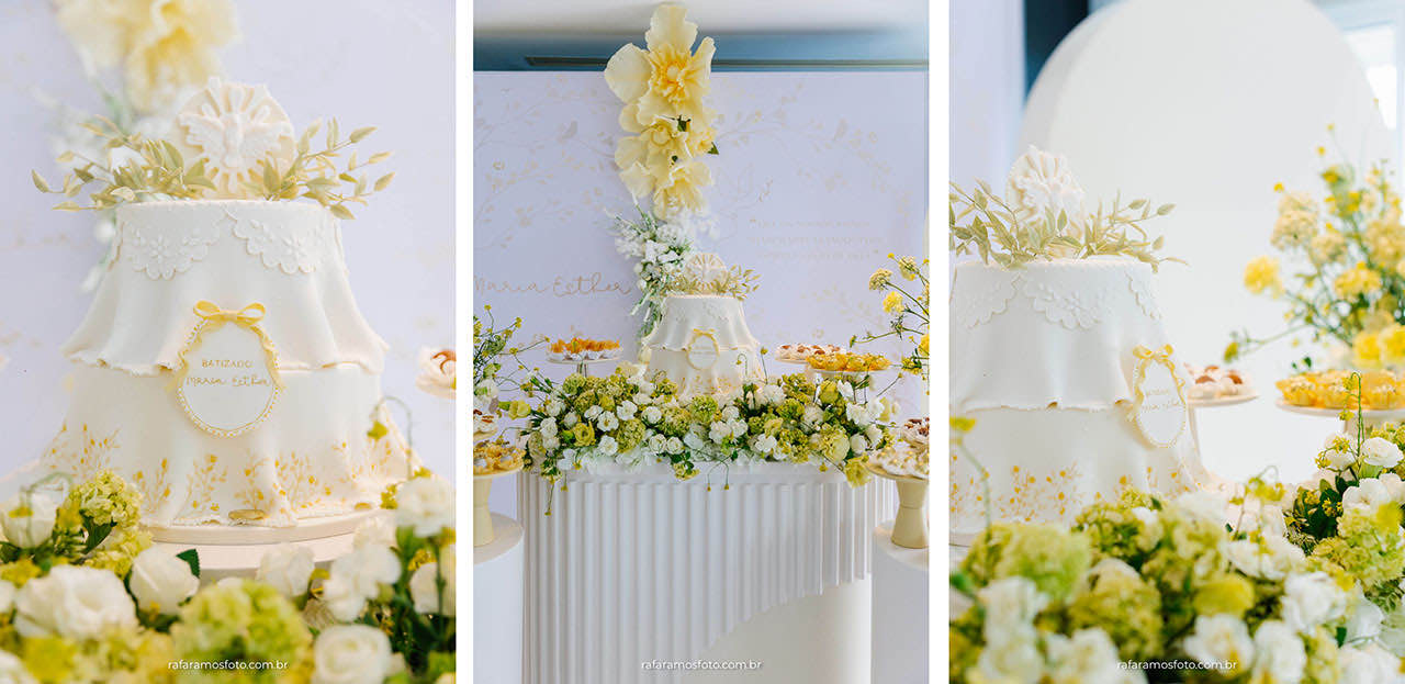 batizado paroquia sao gabriel, Decoração de batizado em amarelo verde e branco