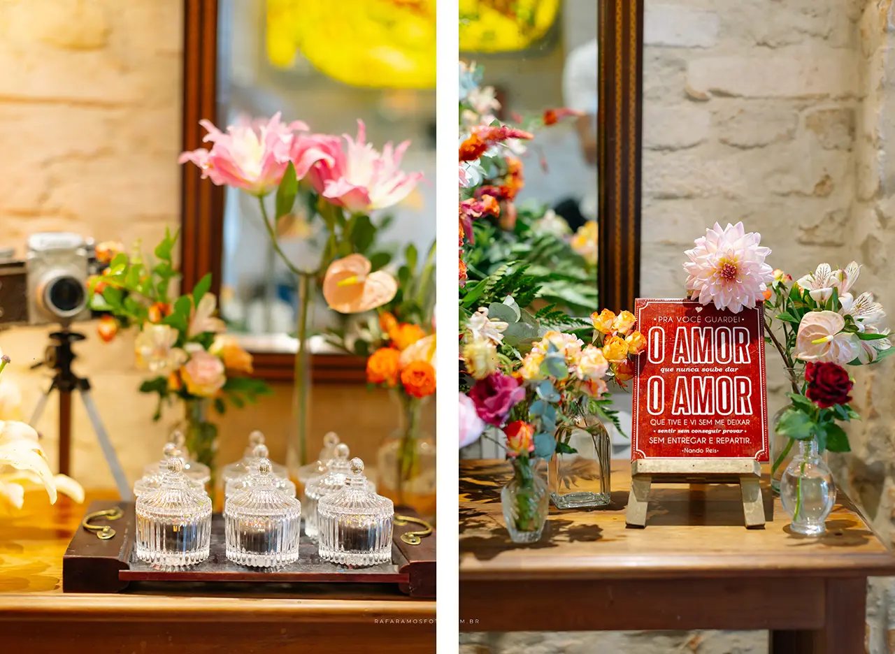 Detalhes florais da decoração de casamento intimista em São Paulo
