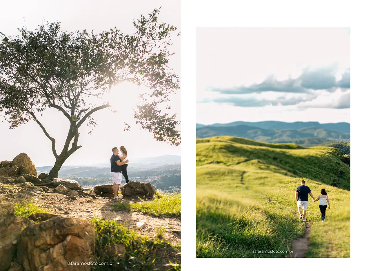 Ensaio pré wedding nas montanhas em São Paulo com casal abraçado em paisagem verde ao entardecer
