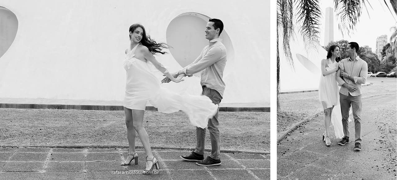Ensaio pré-wedding no Parque Ibirapuera com casal abraçado em cenário minimalista e contemporâneo