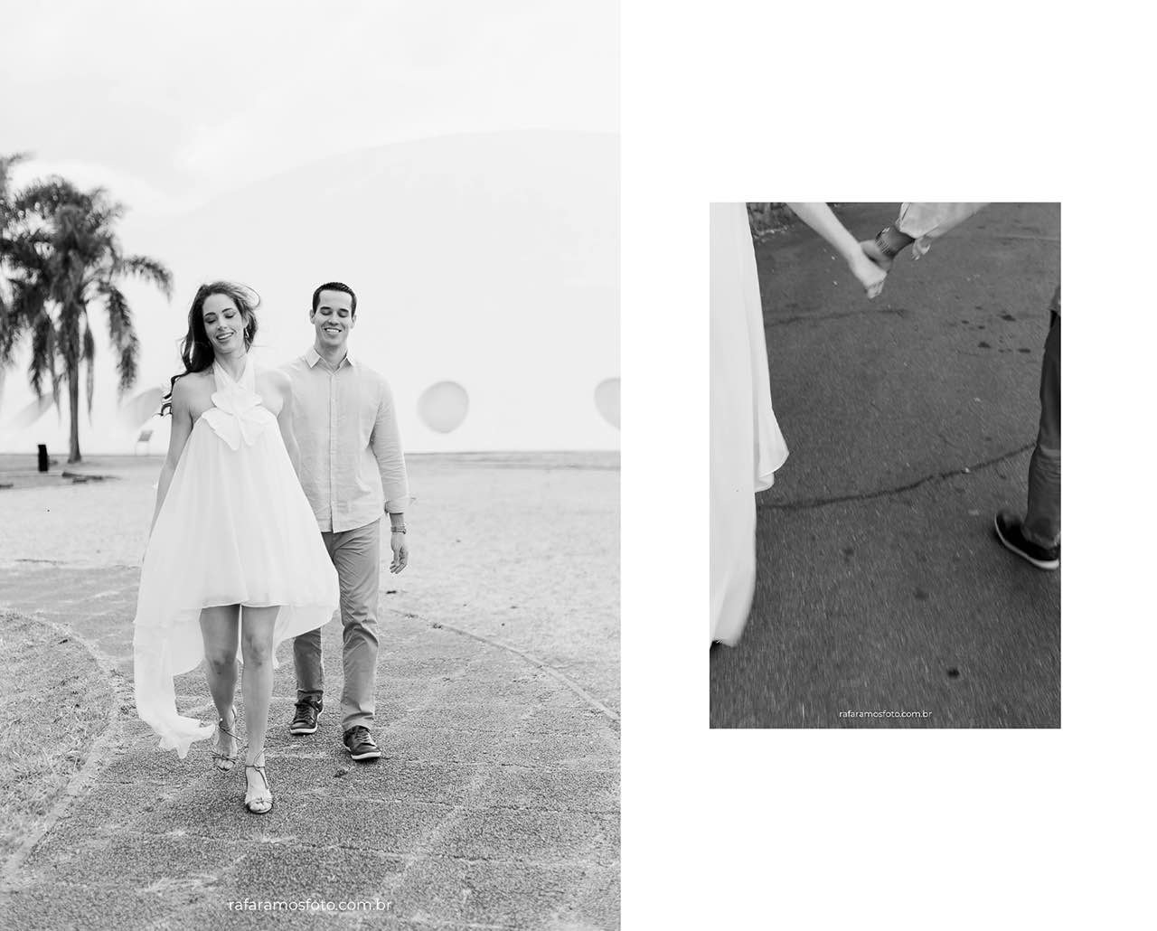 Fotografia artística de casal em frente à Oca do Ibirapuera durante ensaio pré-casamento em São Paulo
