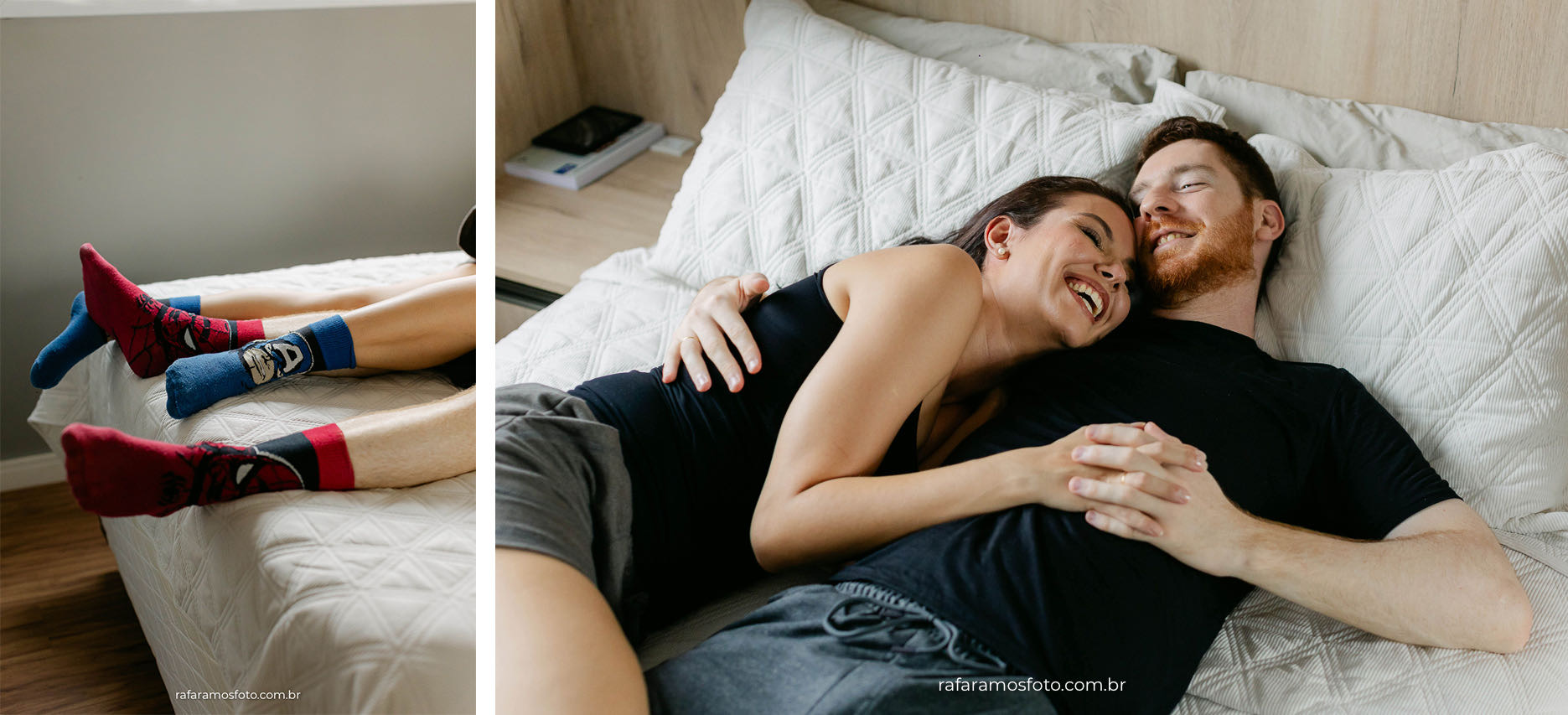 Casal sorrindo e abraçado na cama durante ensaio de casal em casa
